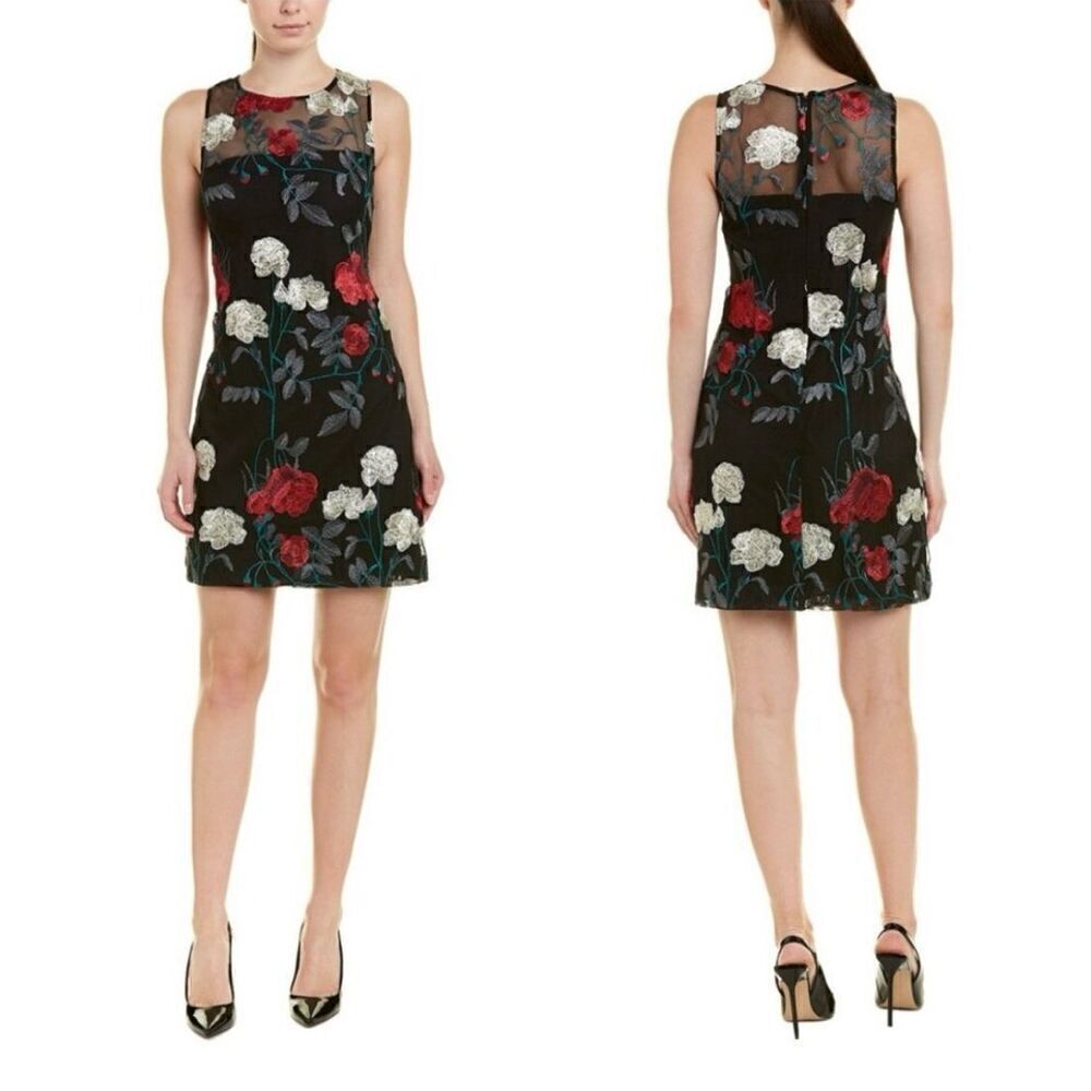 Vince Camuto Women’s 14 Floral Mesh Embroidered Dress Black Multi NWT